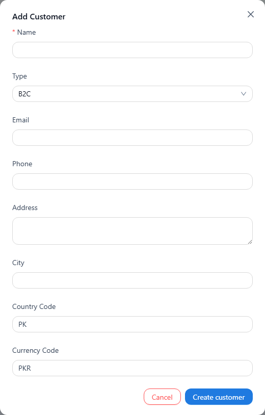 Add Customer opens a form for contact and currency details.
