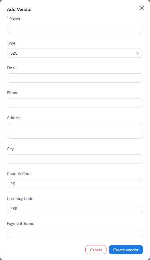 Add Vendor includes supplier details and payment terms.