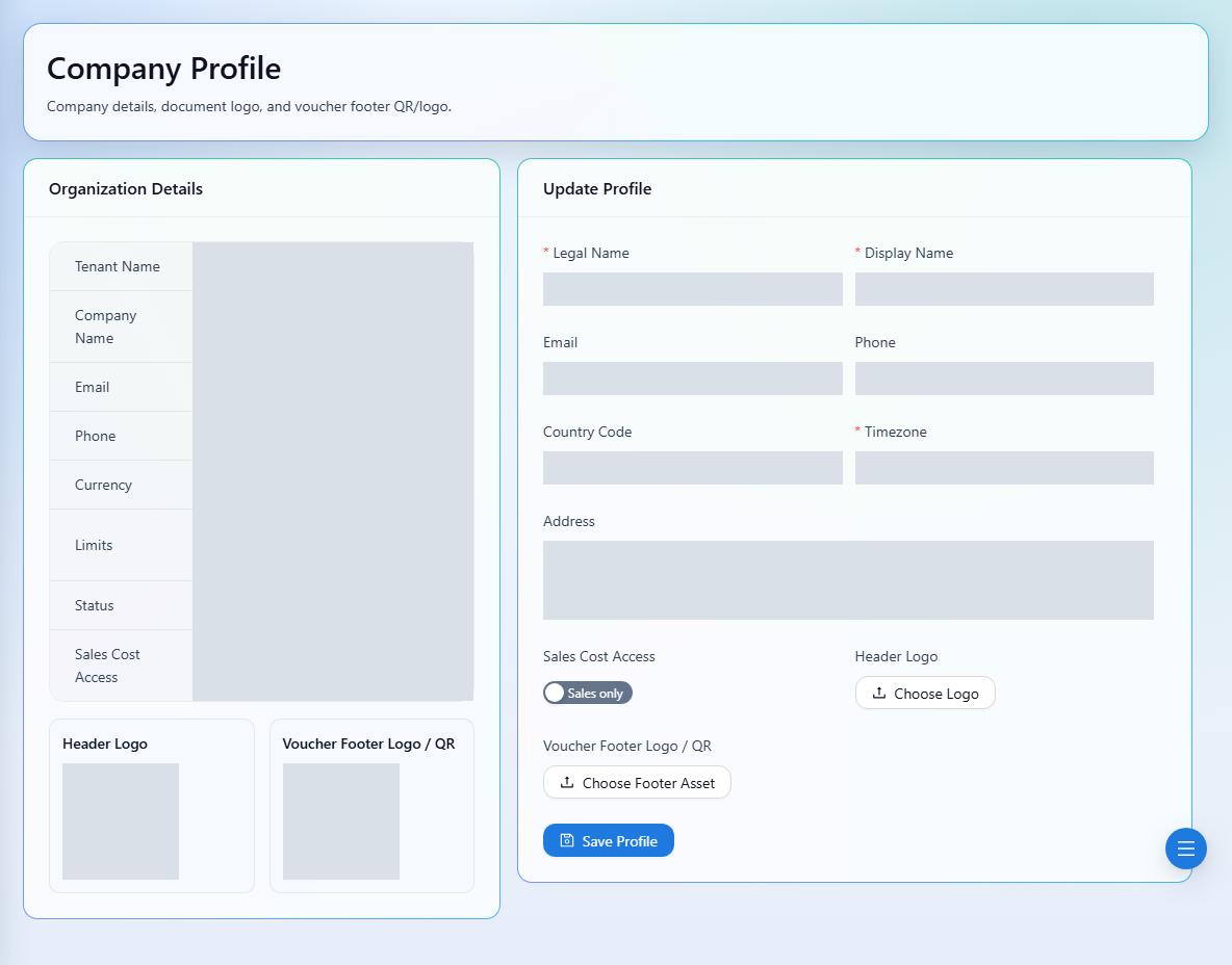 Company Profile shows agency settings, branding, and limits. Private values and assets are hidden.