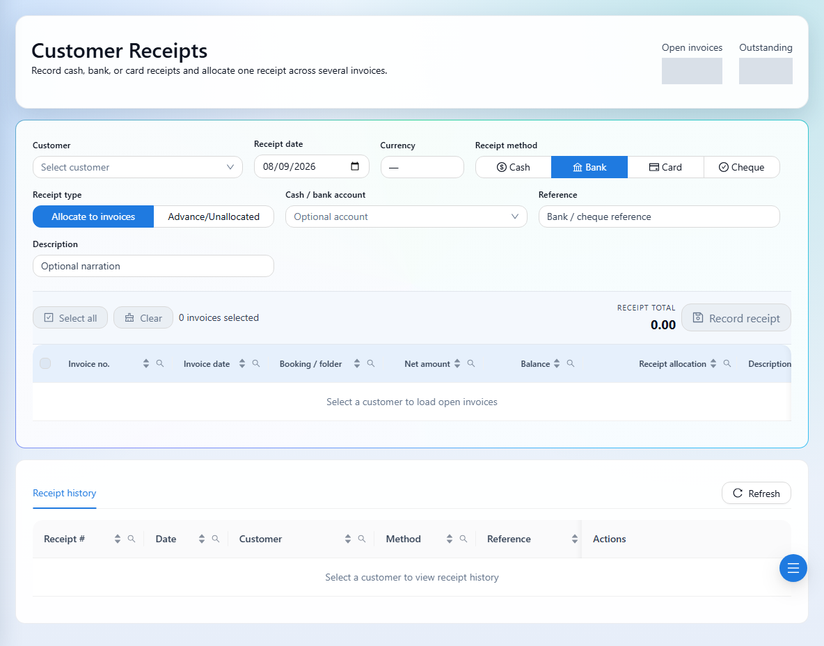 Choose a customer, receipt method, and allocation type.