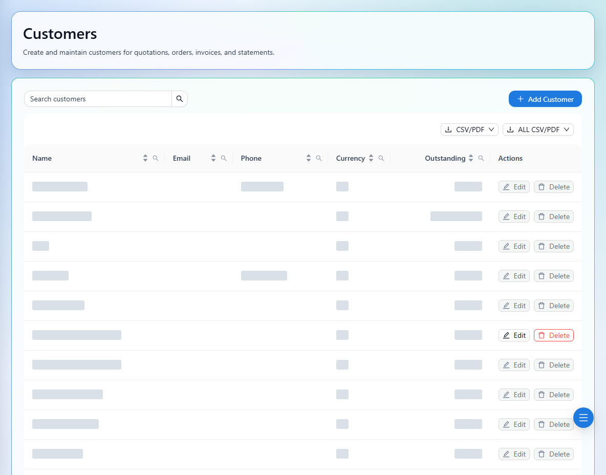 Search the customer directory. Private customer details are hidden.