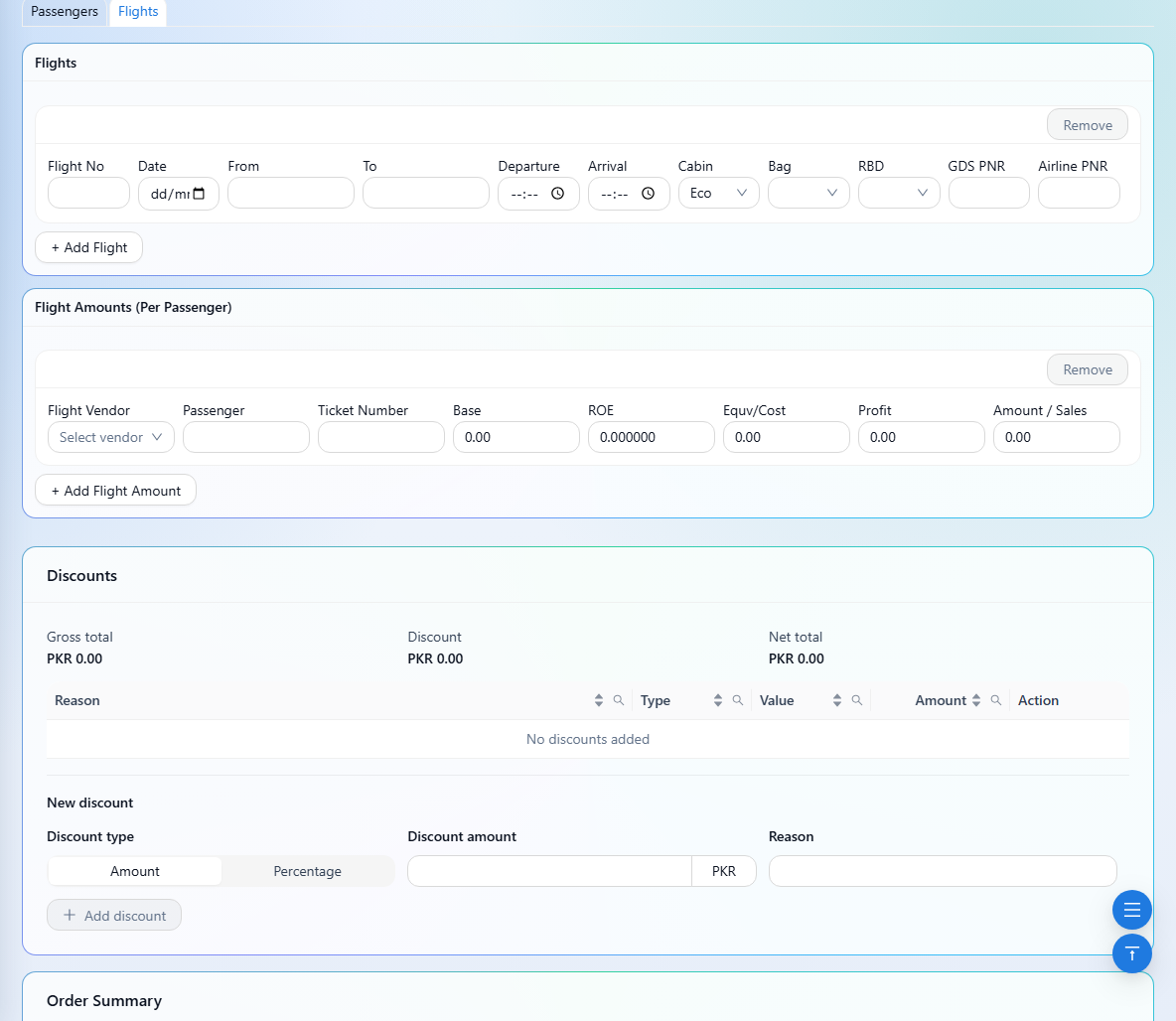 The Flights tab contains flight details and passenger pricing.