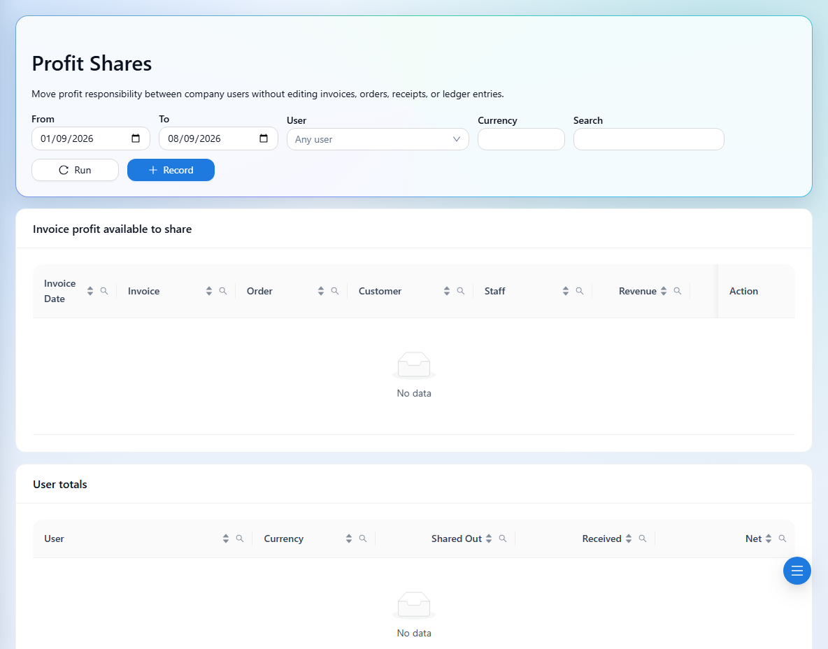 Review available invoice profit, user totals, and transfer history.
