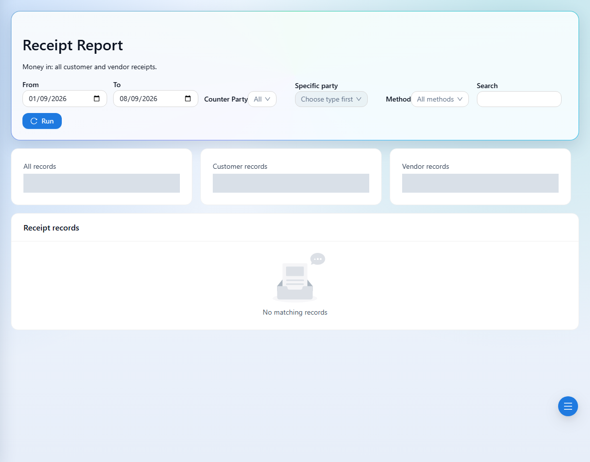 Filter money-in records by counterparty, method, and date.