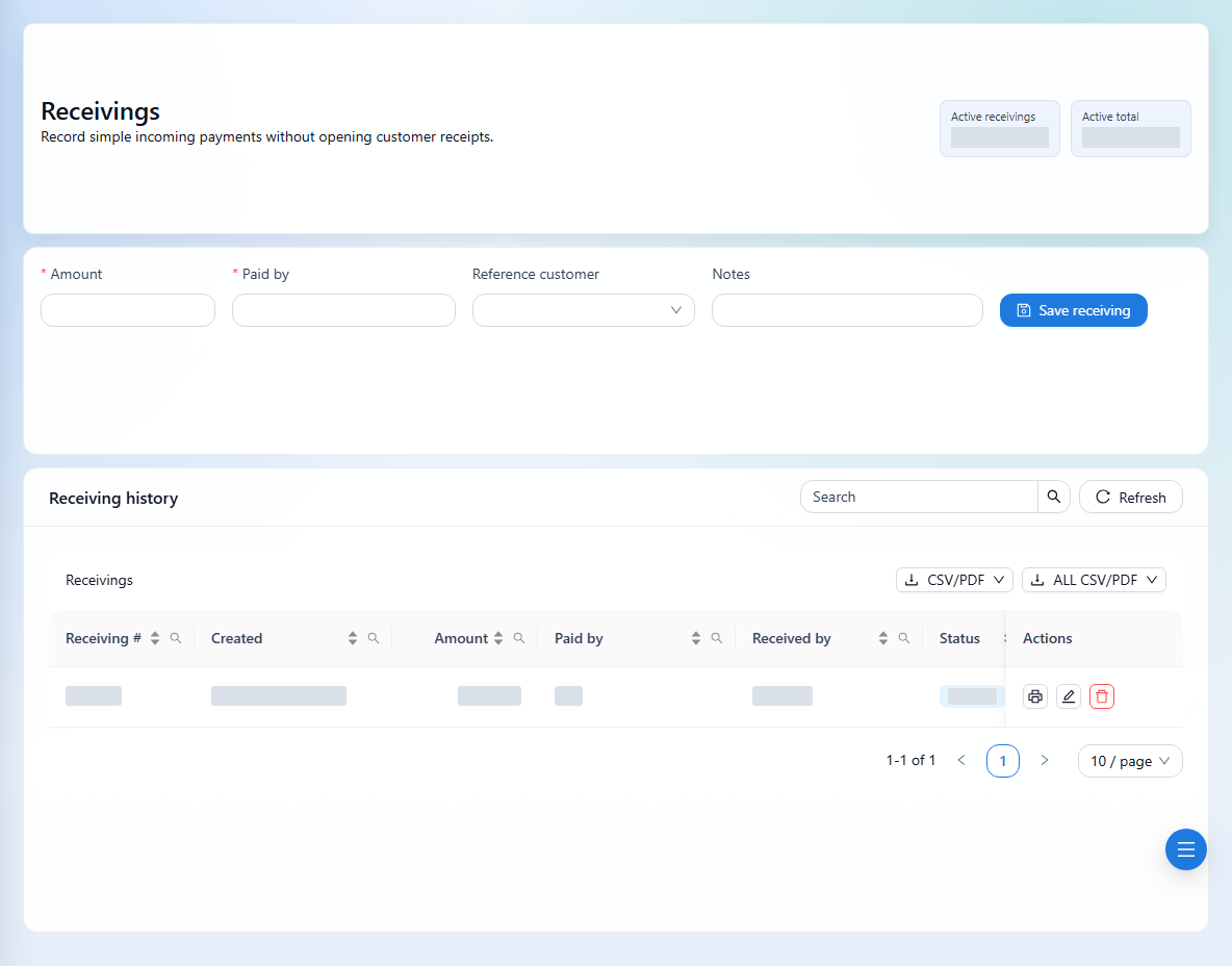 Record the amount and payer, then review Receiving history.