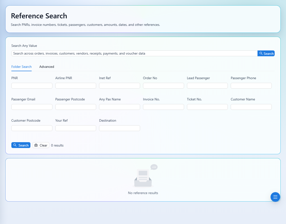 Search with booking, invoice, passenger, and other reference fields.