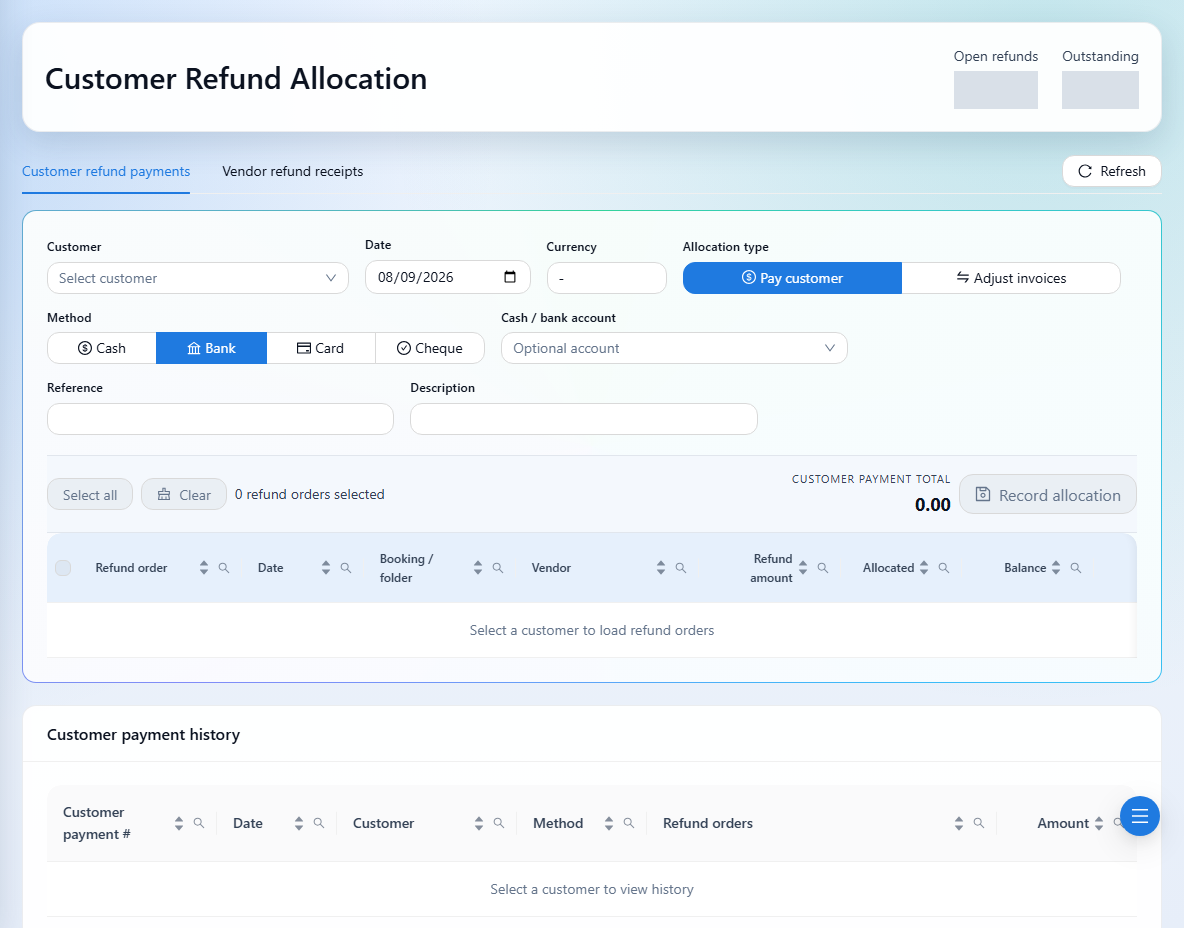 Customer refund payments are allocated to selected refund orders.