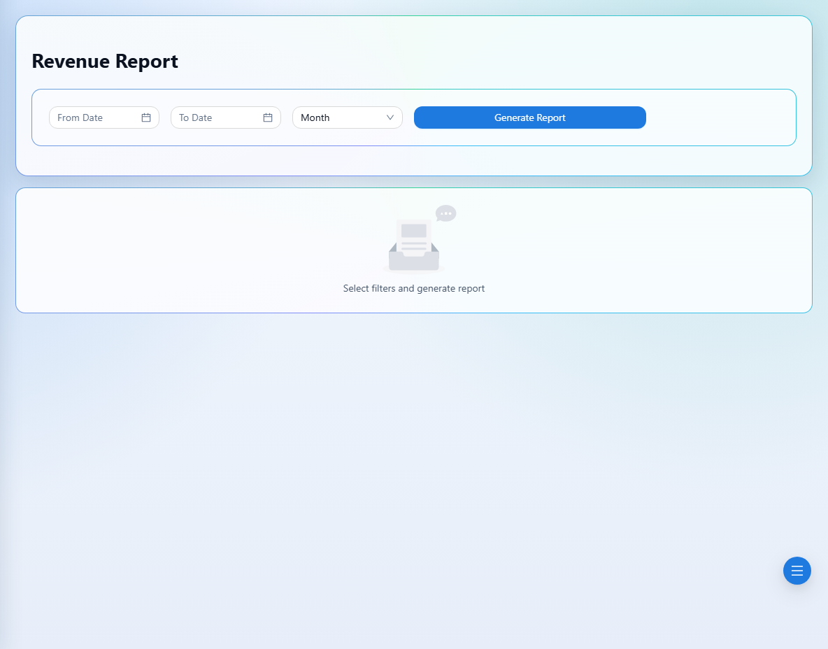 Choose the period and grouping before generating the revenue report.