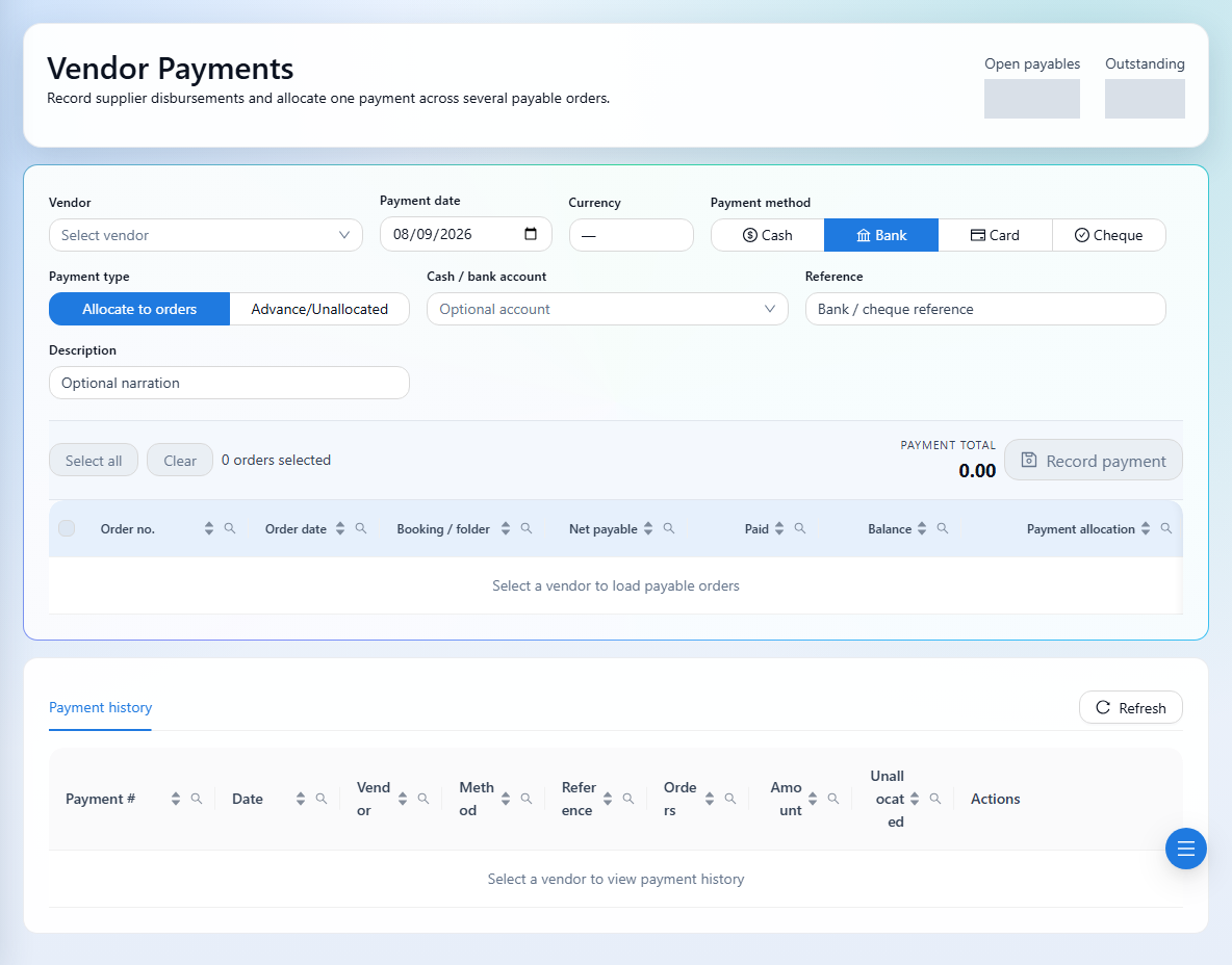 Choose a vendor and allocate the payment to payable orders.