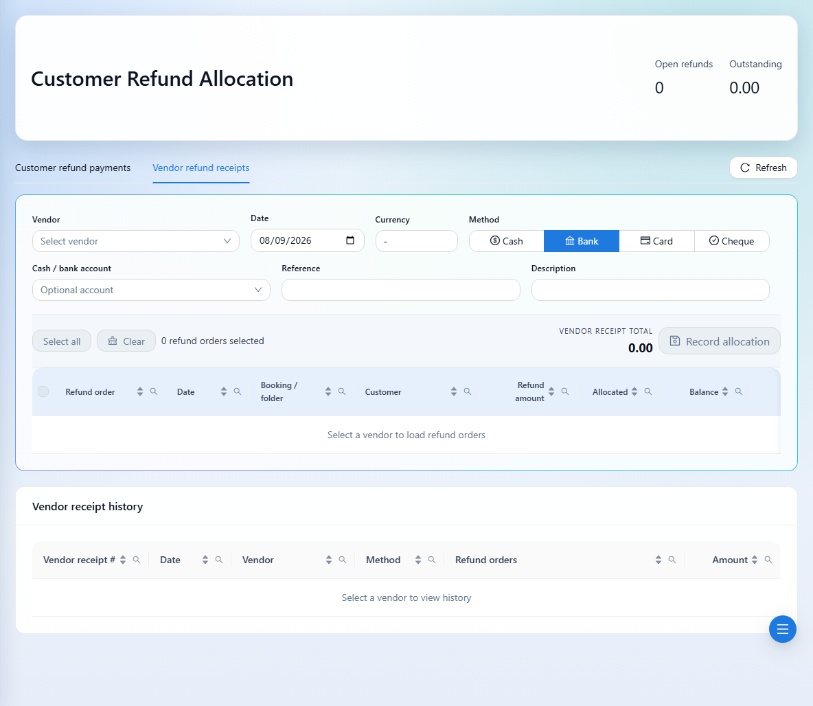 Switch to Vendor refund receipts to allocate returned supplier money.